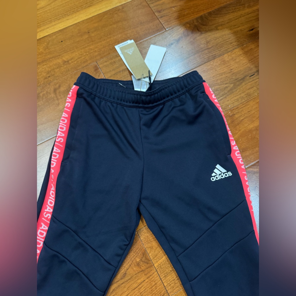 Adidas Kids Black Joggers with Neon Red Stripes